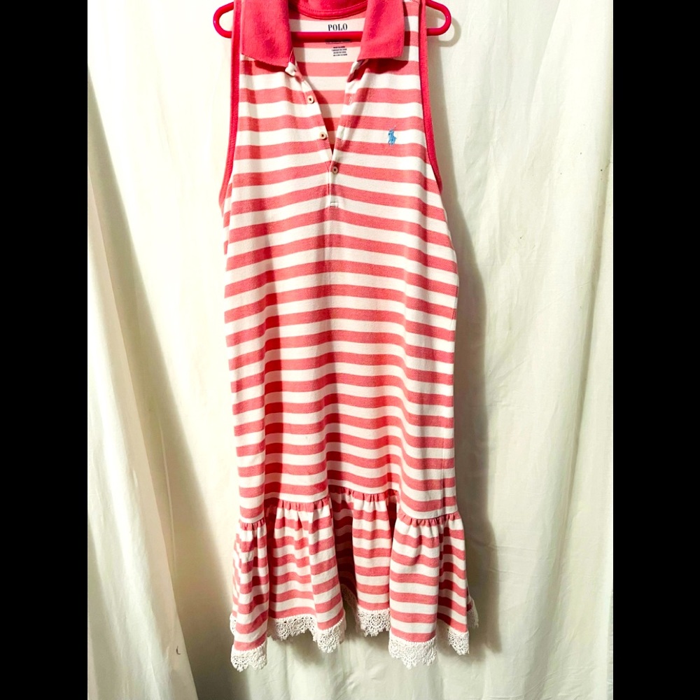 Polo Ralph Lauren Girls Pink Stripe Polo Racerback Eyelet Lace Dress Size 16